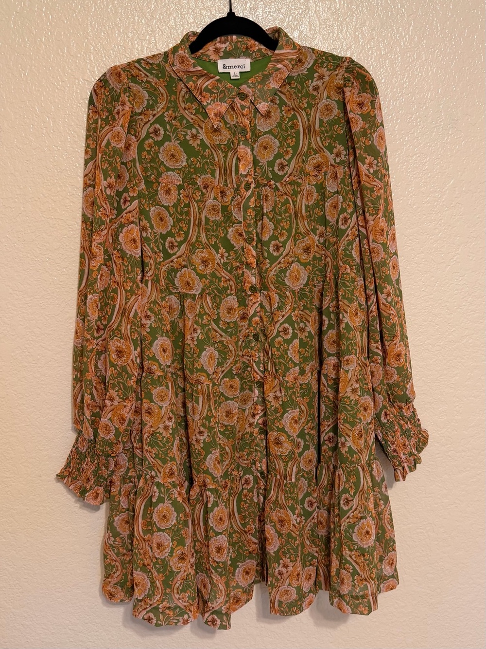 &merci Olive Floral Long-Sleeve Tiered Dress